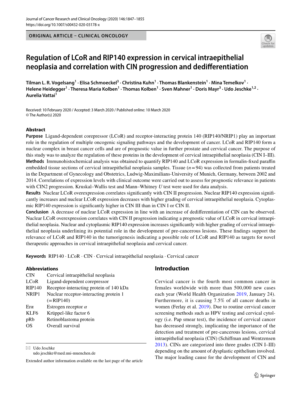 Regulation of Lcor and RIP140 Expression in Cervical Intraepithelial Neoplasia and Correlation with CIN Progression and Dediffer