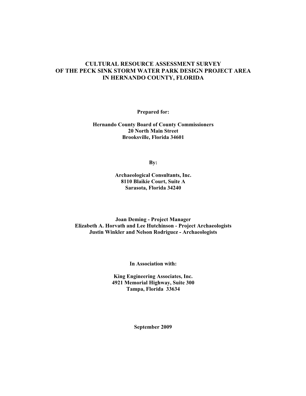 Cultural Resource Assessment Survey of the Peck Sink Storm Water Park Design Project Area in Hernando County, Florida