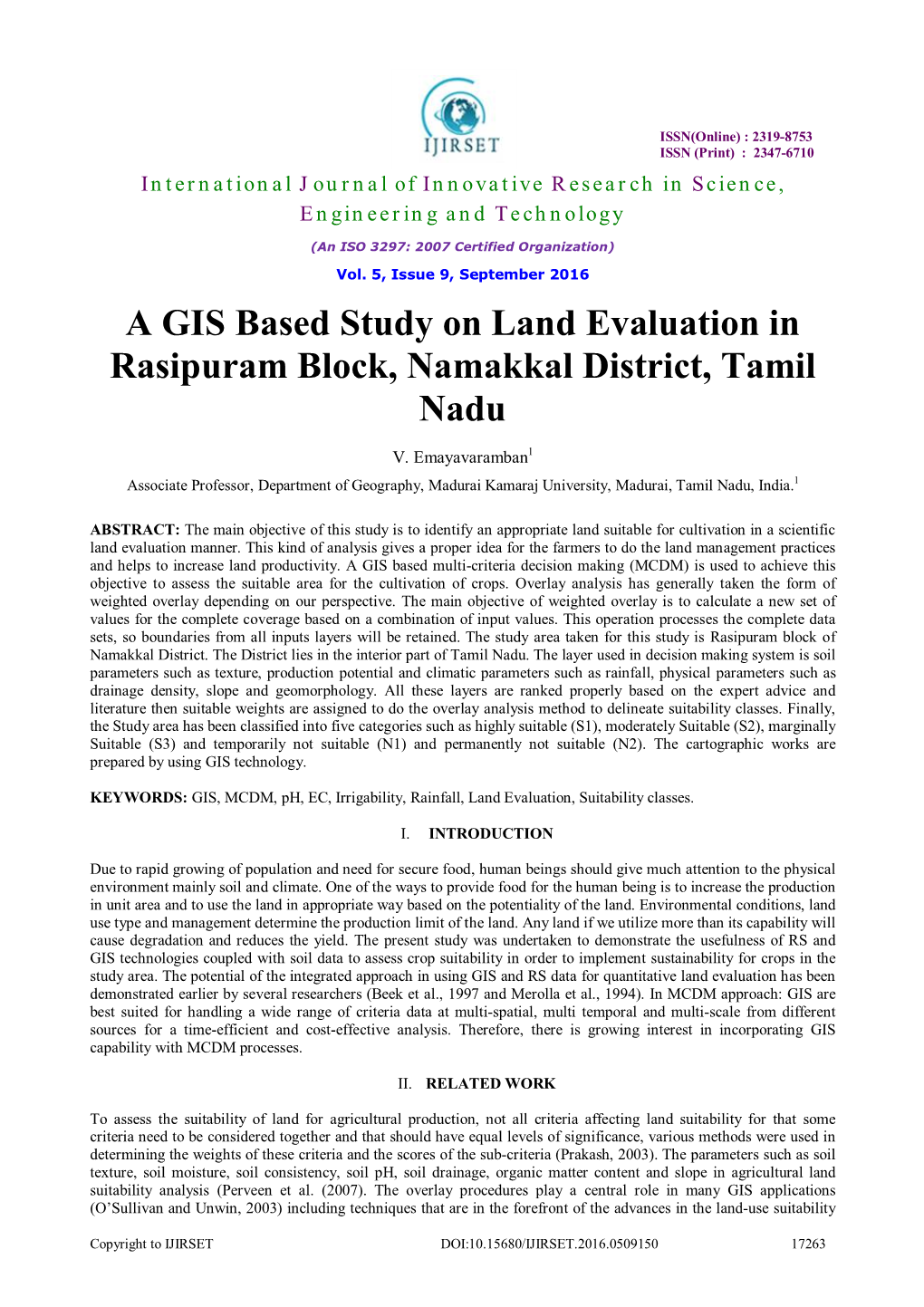 A GIS Based Study on Land Evaluation in Rasipuram Block, Namakkal District, Tamil Nadu