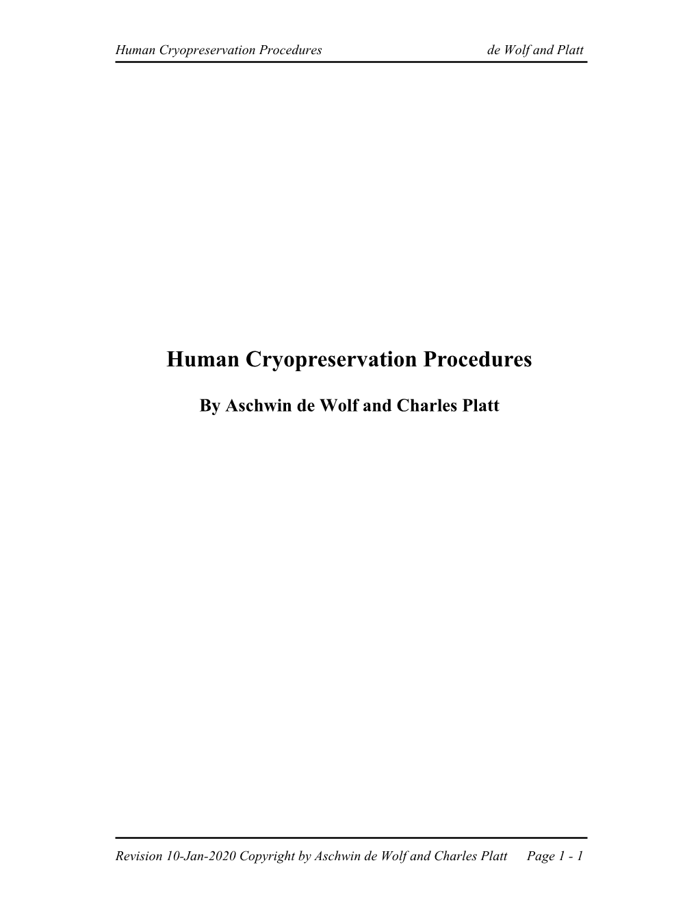 Human Cryopreservation Procedures De Wolf and Platt