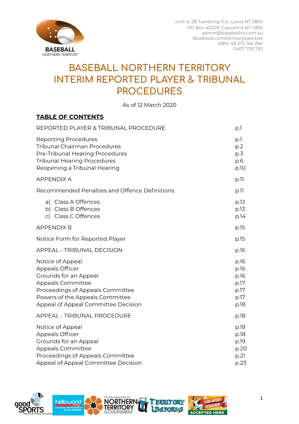 Baseball Northern Territory Interim Reported Player & Tribunal Procedures