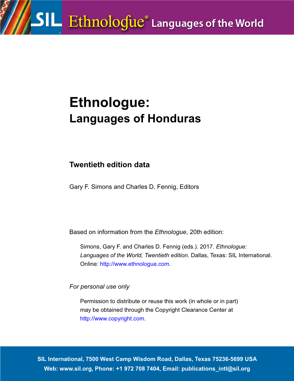 Ethnologue: Languages of Honduras Twentieth Edition Data