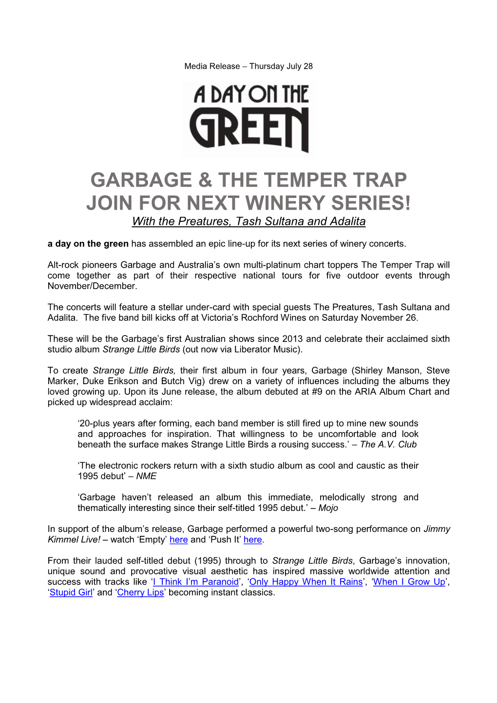 Garbage & the Temper Trap Join for Next Winery Series!