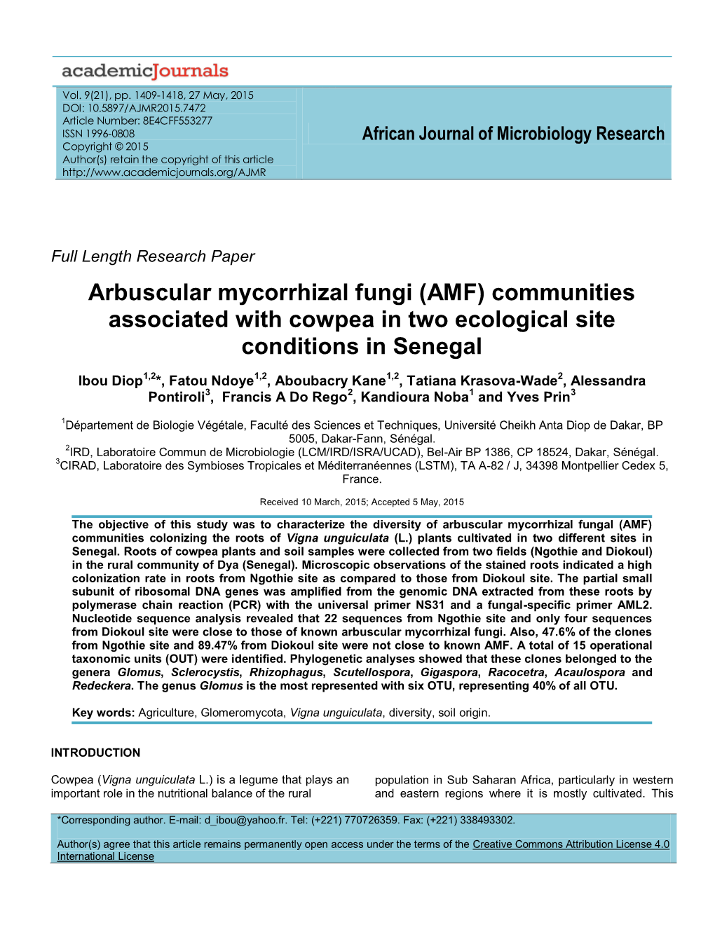 Arbuscular Mycorrhizal Fungi (AMF) Communities Associated with Cowpea in Two Ecological Site Conditions in Senegal