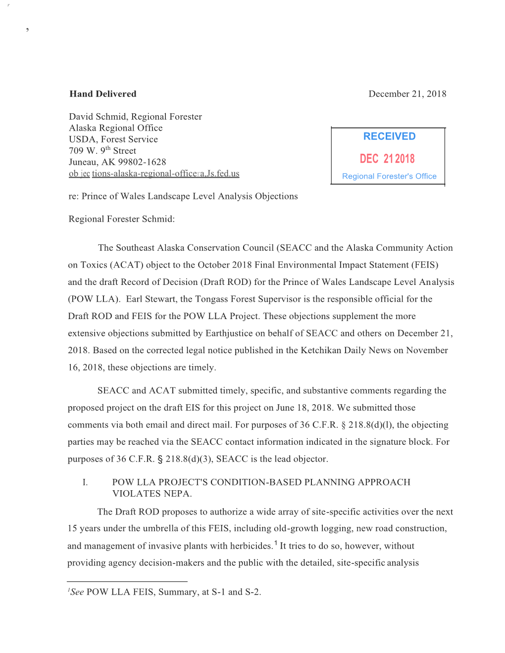 DEC 21 2018 Ob Jec Tions-Alaska-Regional-Officera,Js.Fed.Us Regional Forester's Office