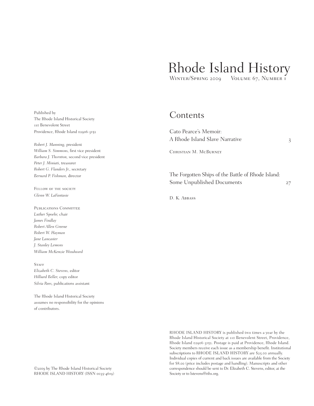 Rhode Island History Winter/Spring 2009 Volume 67, Number 1