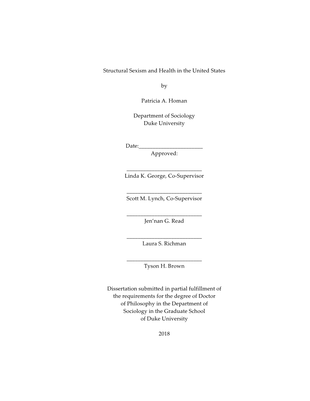 Structural Sexism and Health in the United States by Patricia A. Homan