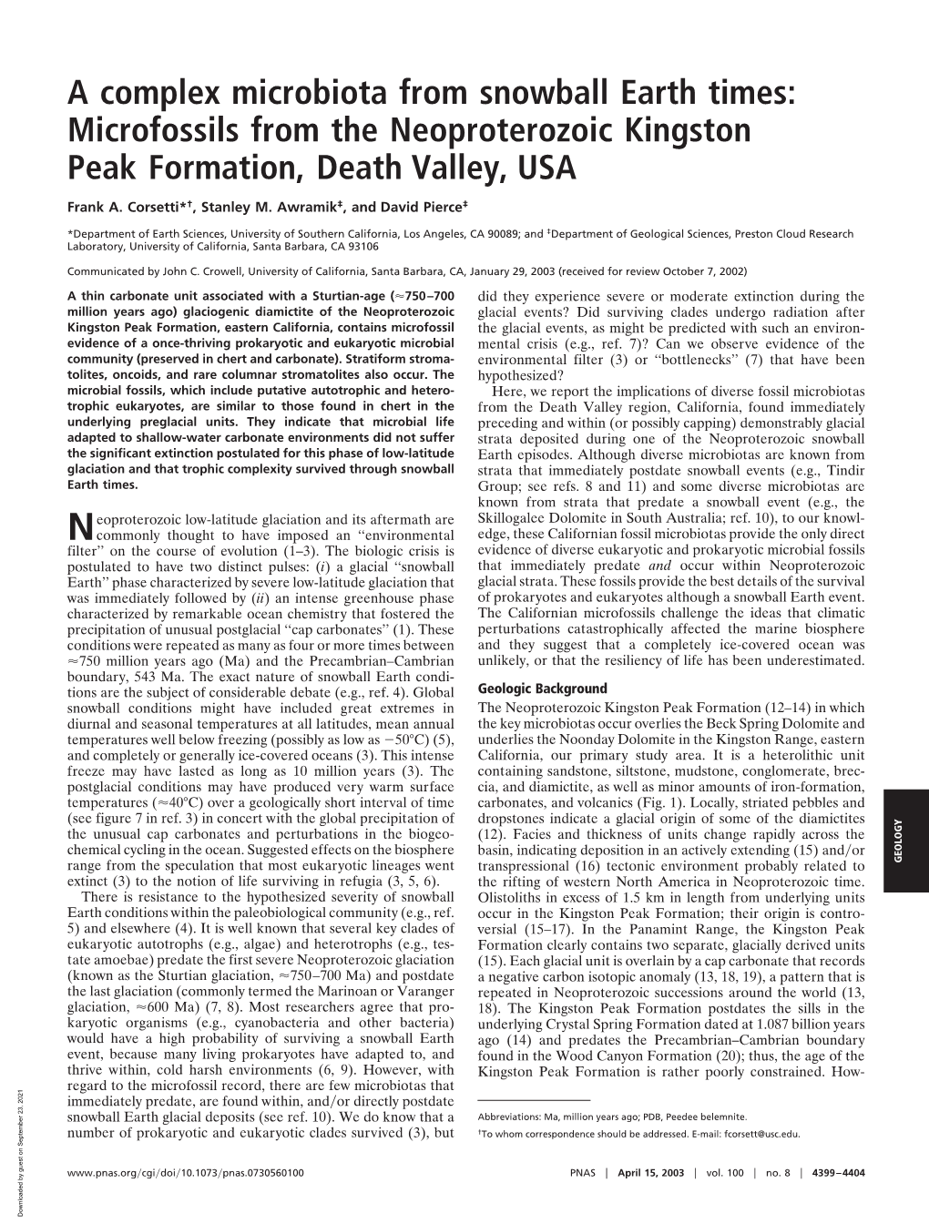 A Complex Microbiota from Snowball Earth Times: Microfossils from the Neoproterozoic Kingston Peak Formation, Death Valley, USA