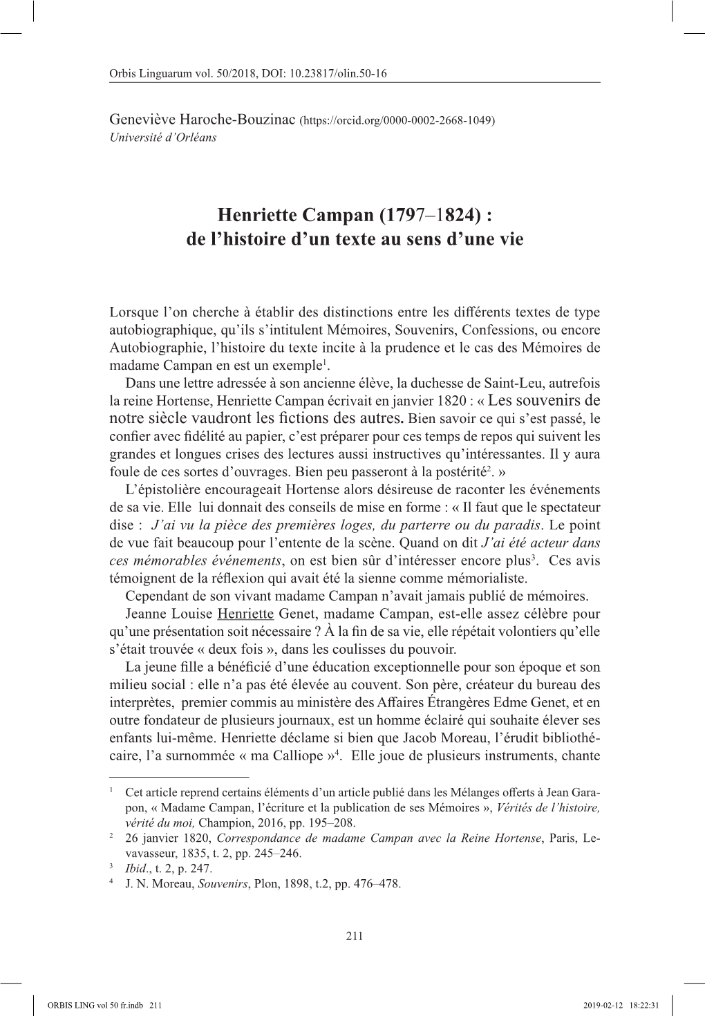 Henriette Campan (1797–1824) : De L’Histoire D’Un Texte Au Sens D’Une Vie