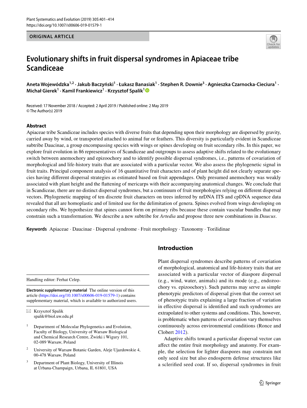 Evolutionary Shifts in Fruit Dispersal Syndromes in Apiaceae Tribe Scandiceae