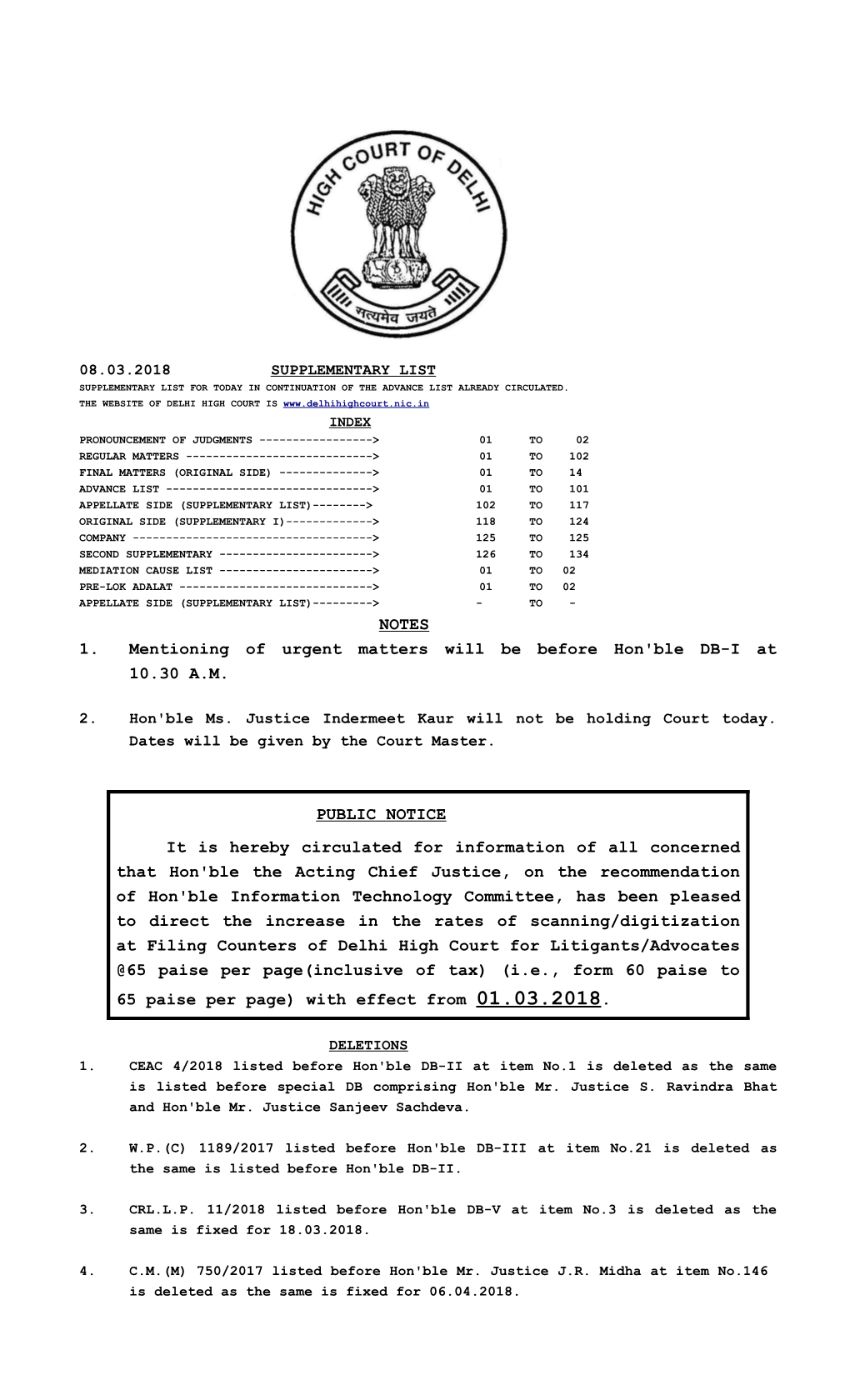 NOTES 1. Mentioning of Urgent Matters Will Be Before Hon'ble DB-I at 10.30 A.M