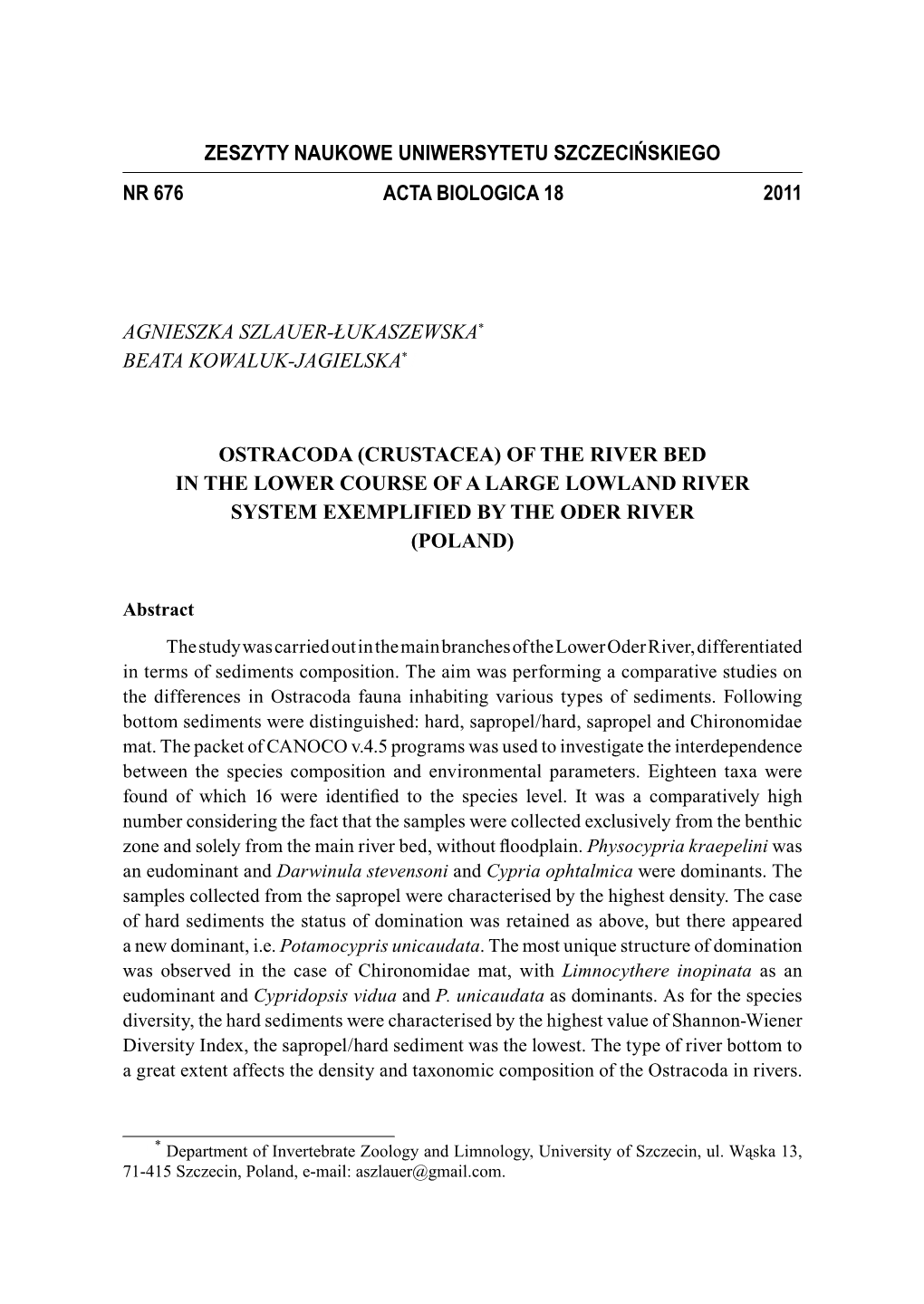 5 Ostracoda (Crustacea) of the River Bed in the Lower Course...Pdf