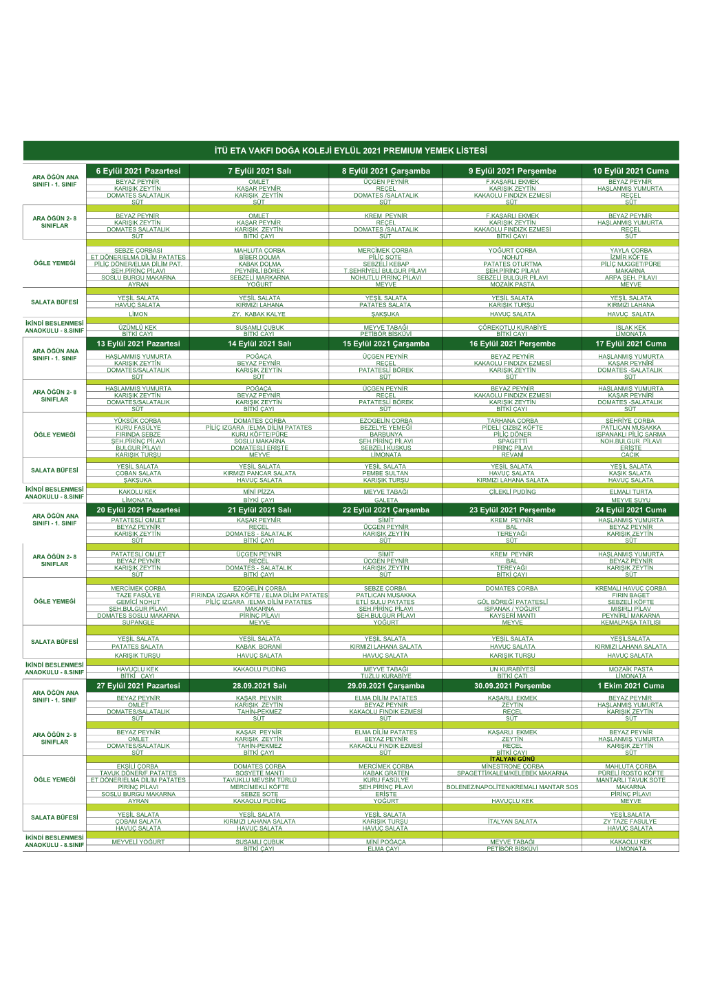 Itü Eta Vakfi Doğa Koleji Eylül 2021 Premium Yemek Listesi