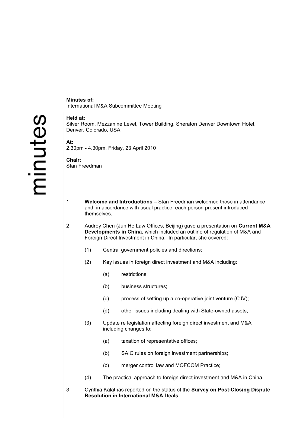 International M&A Subcommittee Meeting