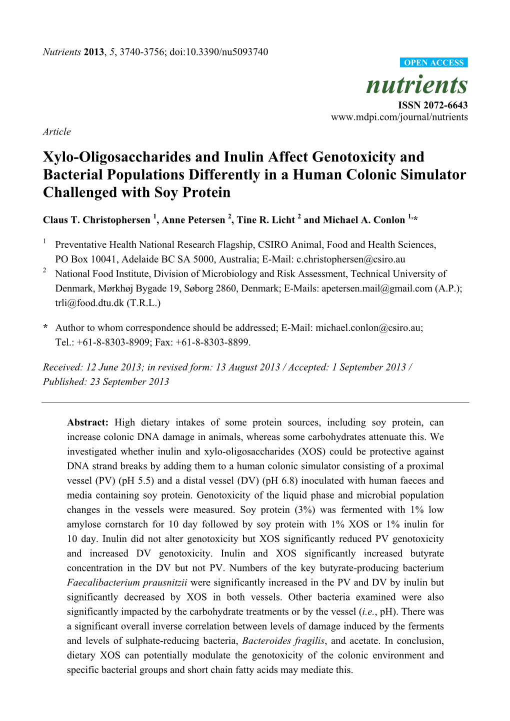 Xylo-Oligosaccharides and Inulin Affect Genotoxicity and Bacterial Populations Differently in a Human Colonic Simulator Challenged with Soy Protein