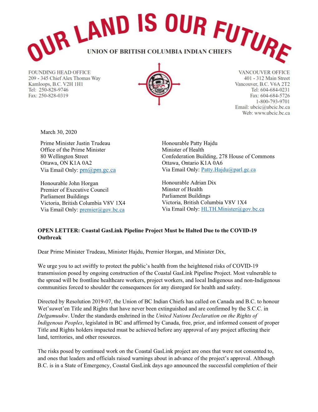 March 30, 2020 OPEN LETTER: Coastal Gaslink Pipeline Project