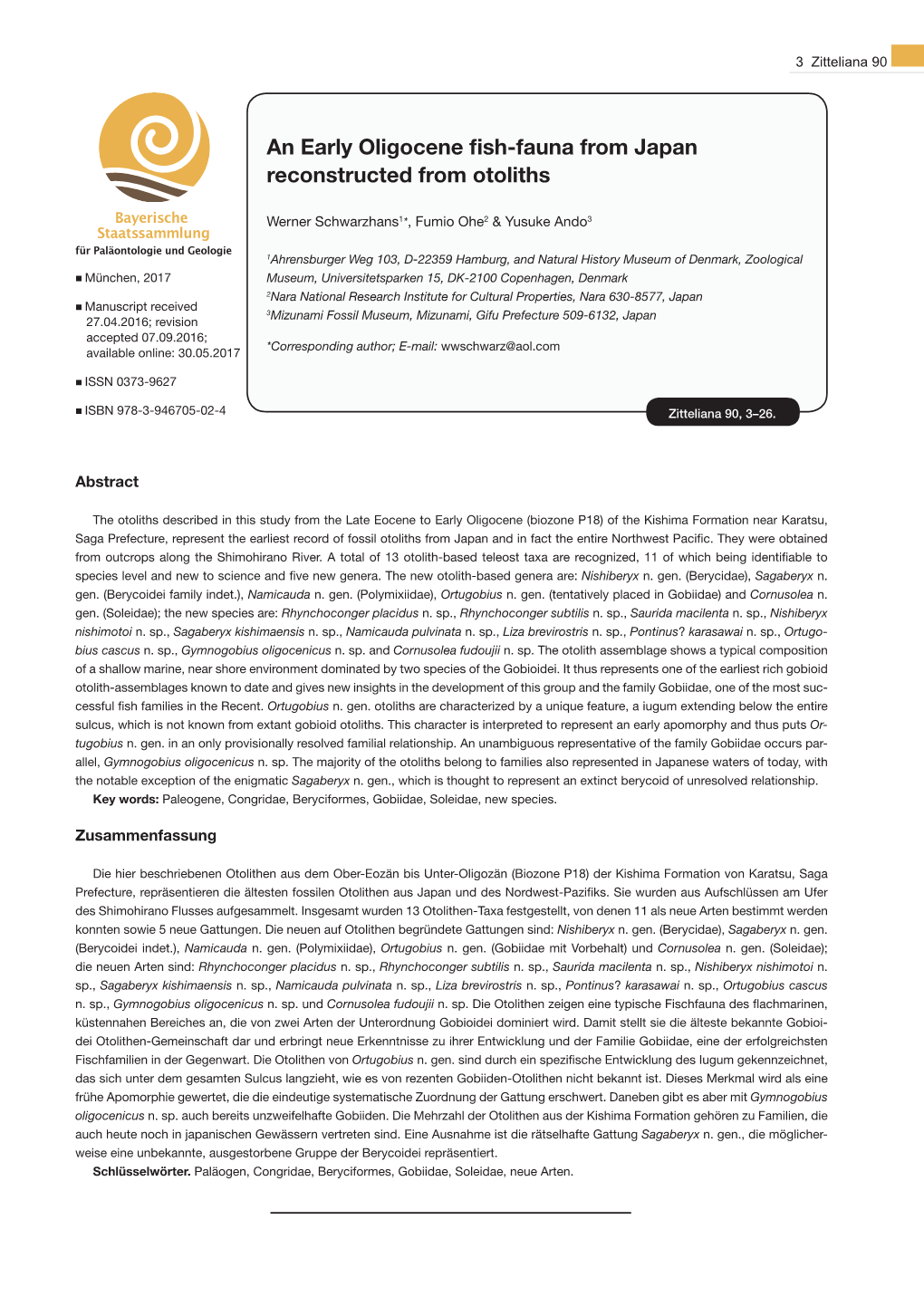 An Early Oligocene Fish-Fauna from Japan Reconstructed from Otoliths