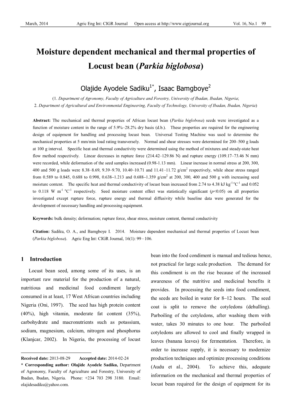 Moisture Dependent Mechanical and Thermal Properties of Locust Bean (Parkia Biglobosa)