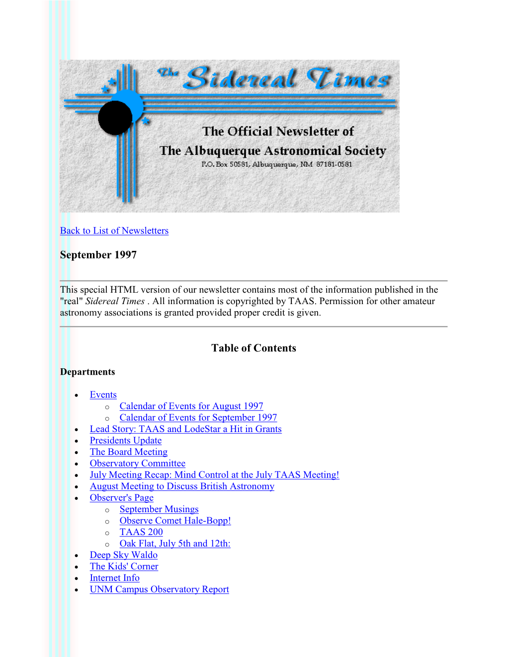 September 1997 the Albuquerque Astronomical Society News Letter