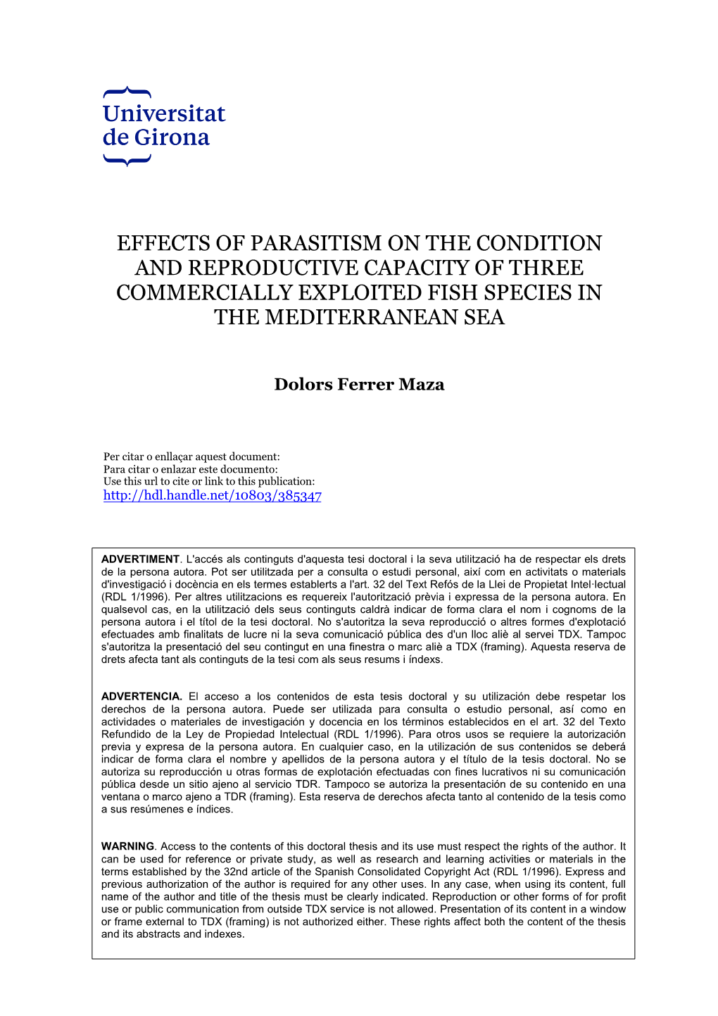 Effects of Parasitism on the Condition and Reproductive Capacity of Three Commercially Exploited Fish Species in the Mediterranean Sea