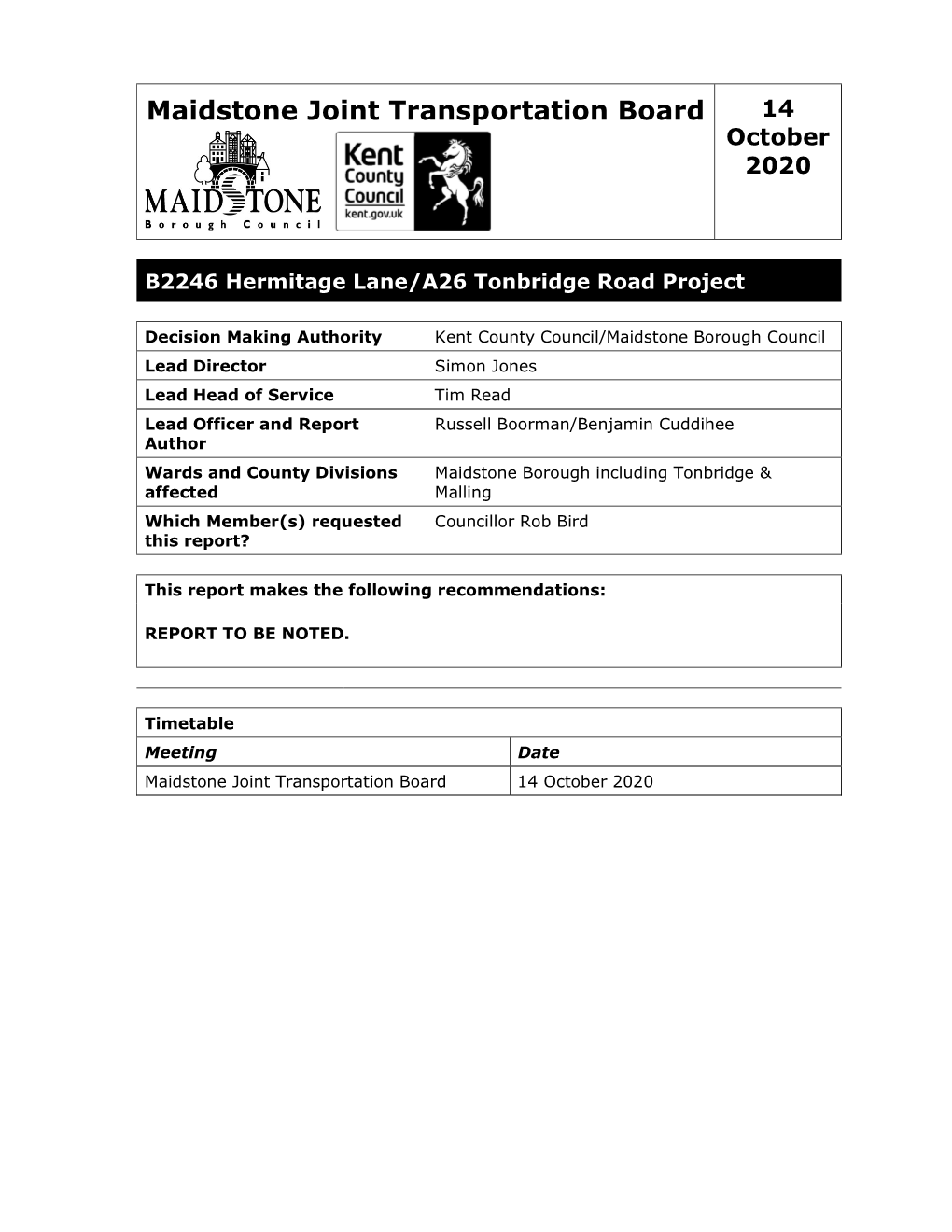 B2246 Hermitage Lane/A26 Tonbridge Road Project PDF 722 KB