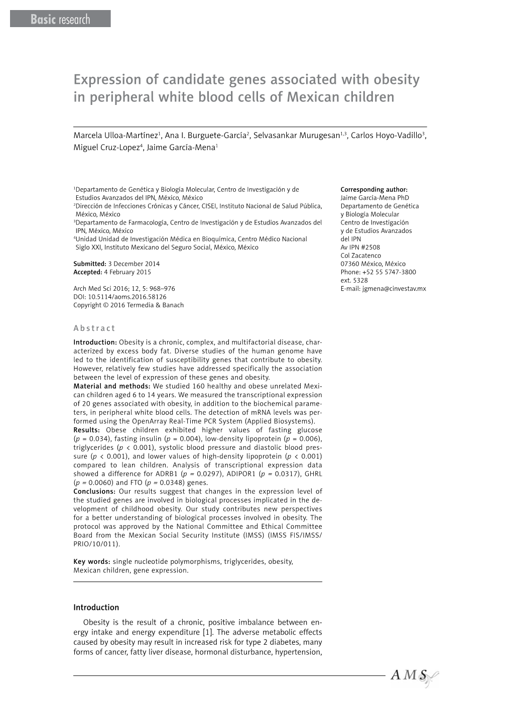 Expression of Candidate Genes Associated with Obesity in Peripheral White Blood Cells of Mexican Children