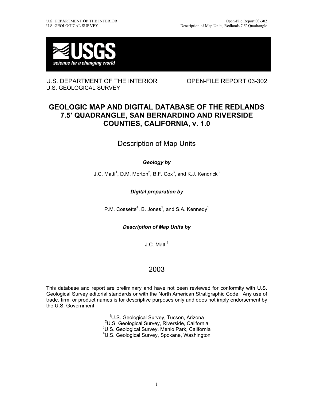 GEOLOGIC MAP and DIGITAL DATABASE of the REDLANDS 7.5’ QUADRANGLE, SAN BERNARDINO and RIVERSIDE COUNTIES, CALIFORNIA, V