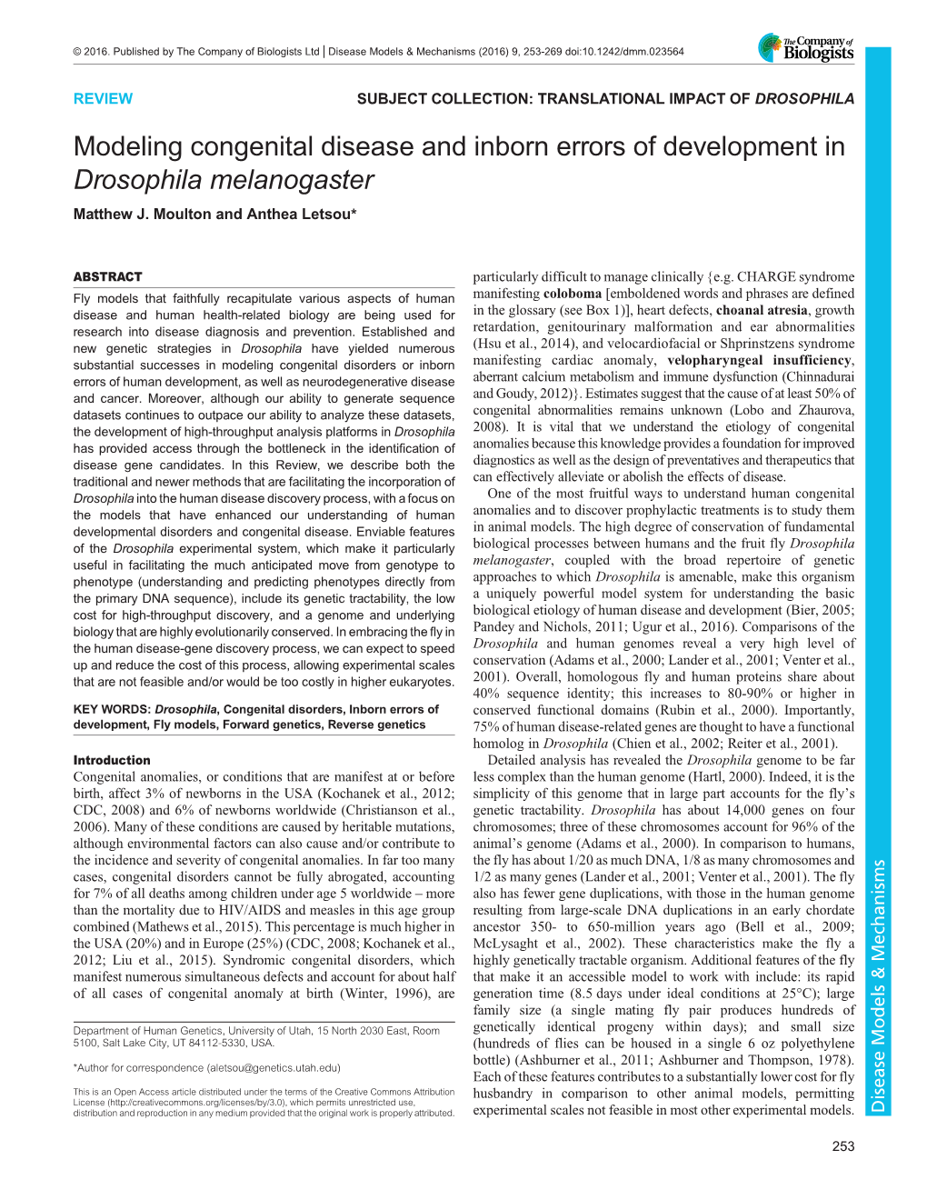 Modeling Congenital Disease and Inborn Errors of Development in Drosophila Melanogaster Matthew J