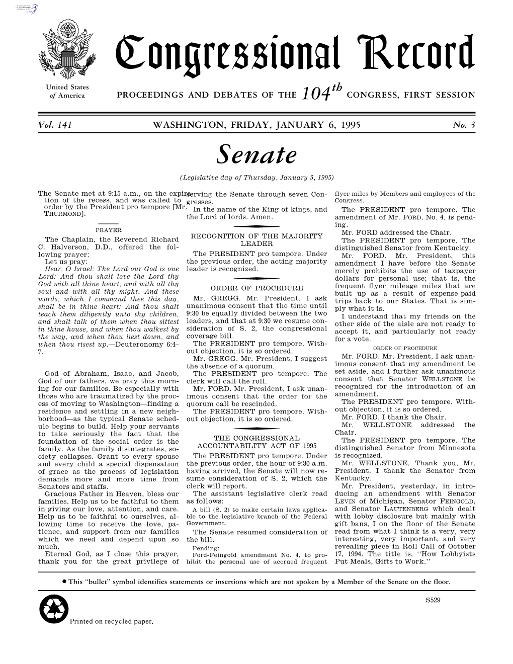 Congressional Record United States Th of America PROCEEDINGS and DEBATES of the 104 CONGRESS, FIRST SESSION