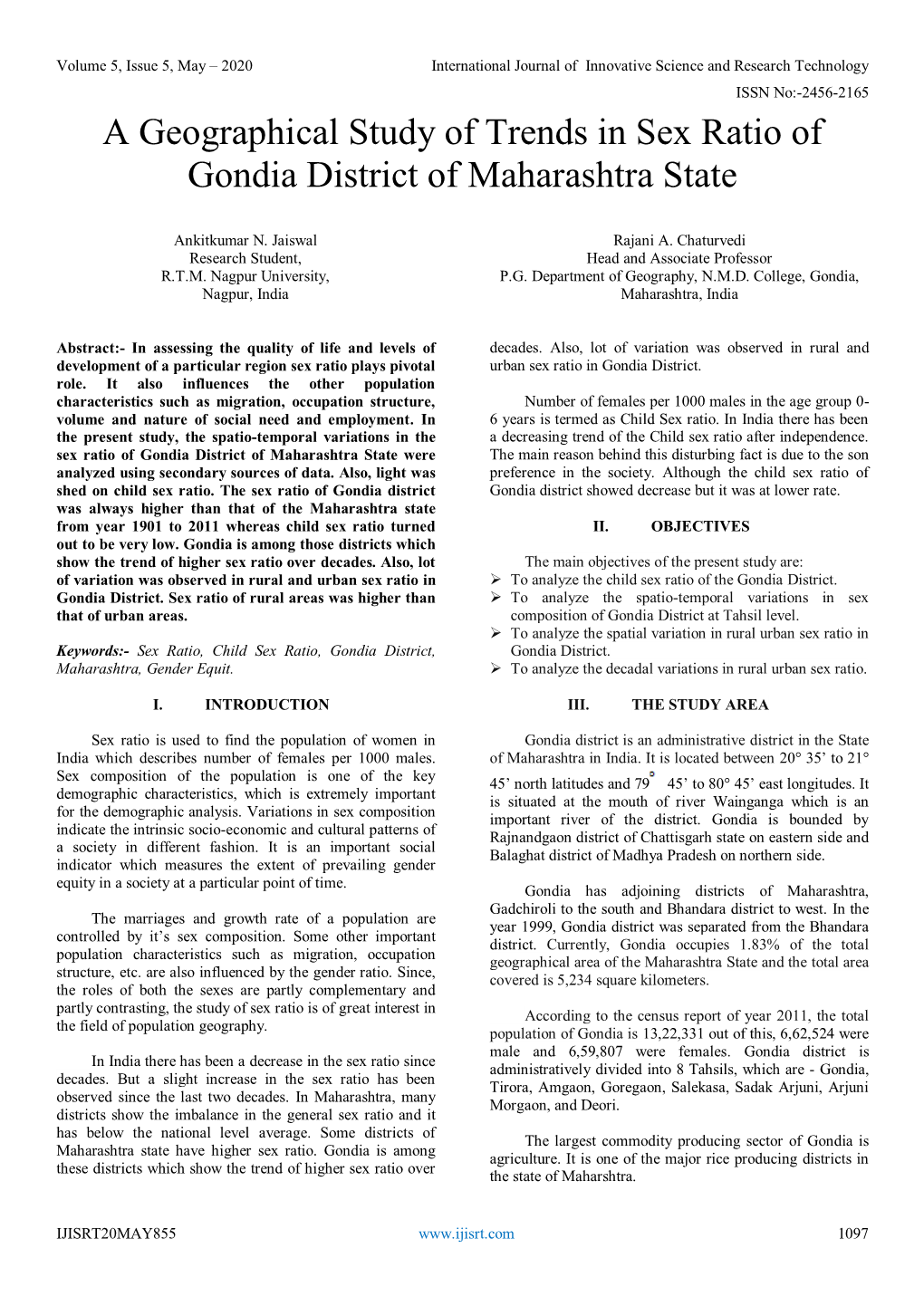 A Geographical Study of Trends in Sex Ratio of Gondia District of Maharashtra State