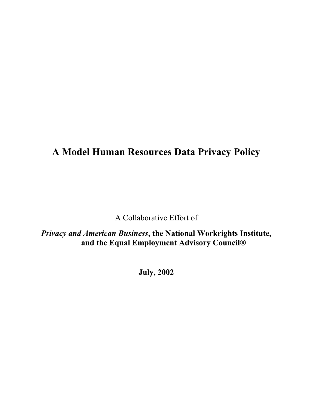 A Model Human Resources Data Privacy Policy