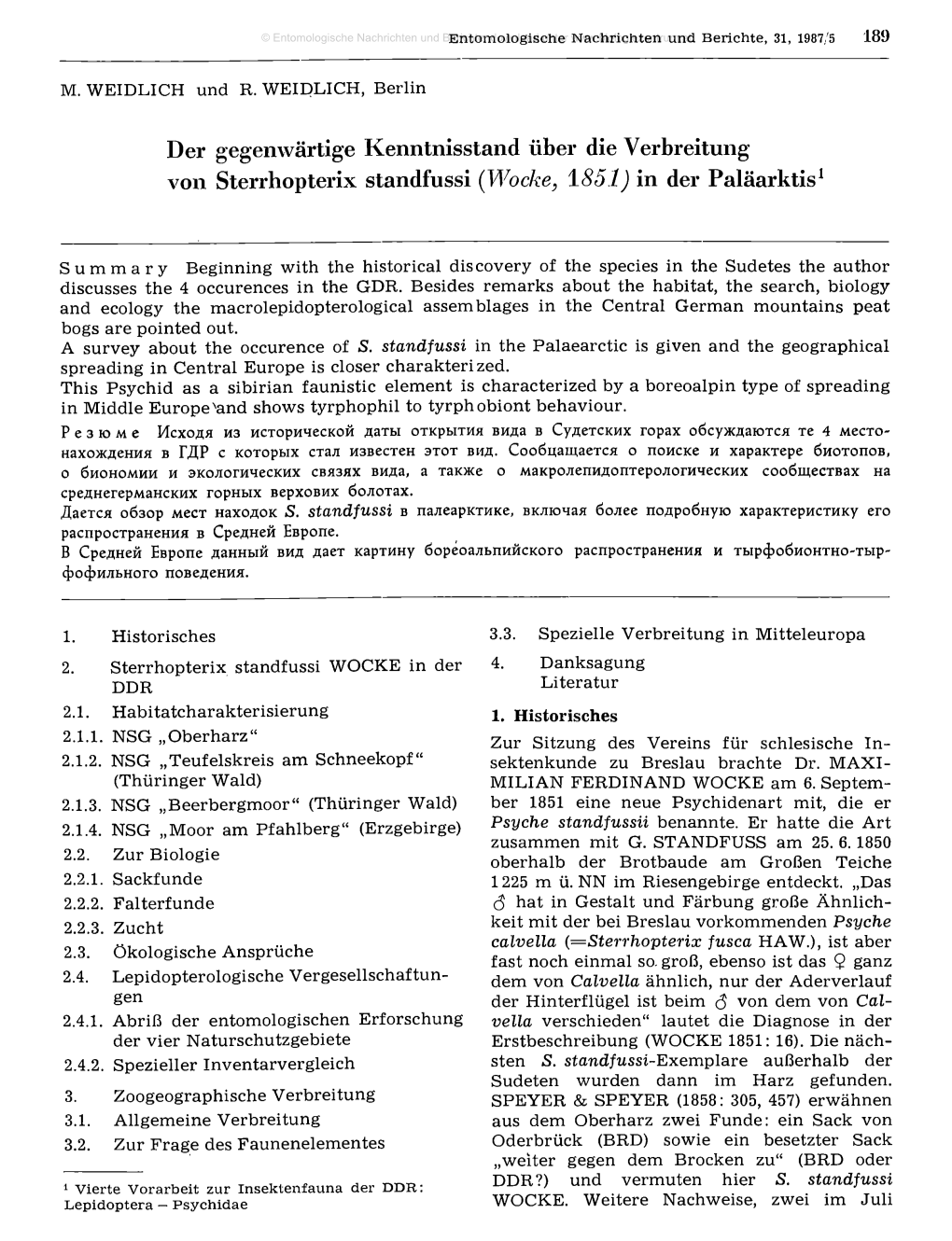 Der Gegenwärtige Kenntnisstand Über Die Verbreitung Von Sterrhopterix Standfussi (Wocke, 1851) in Der Paläarktis1