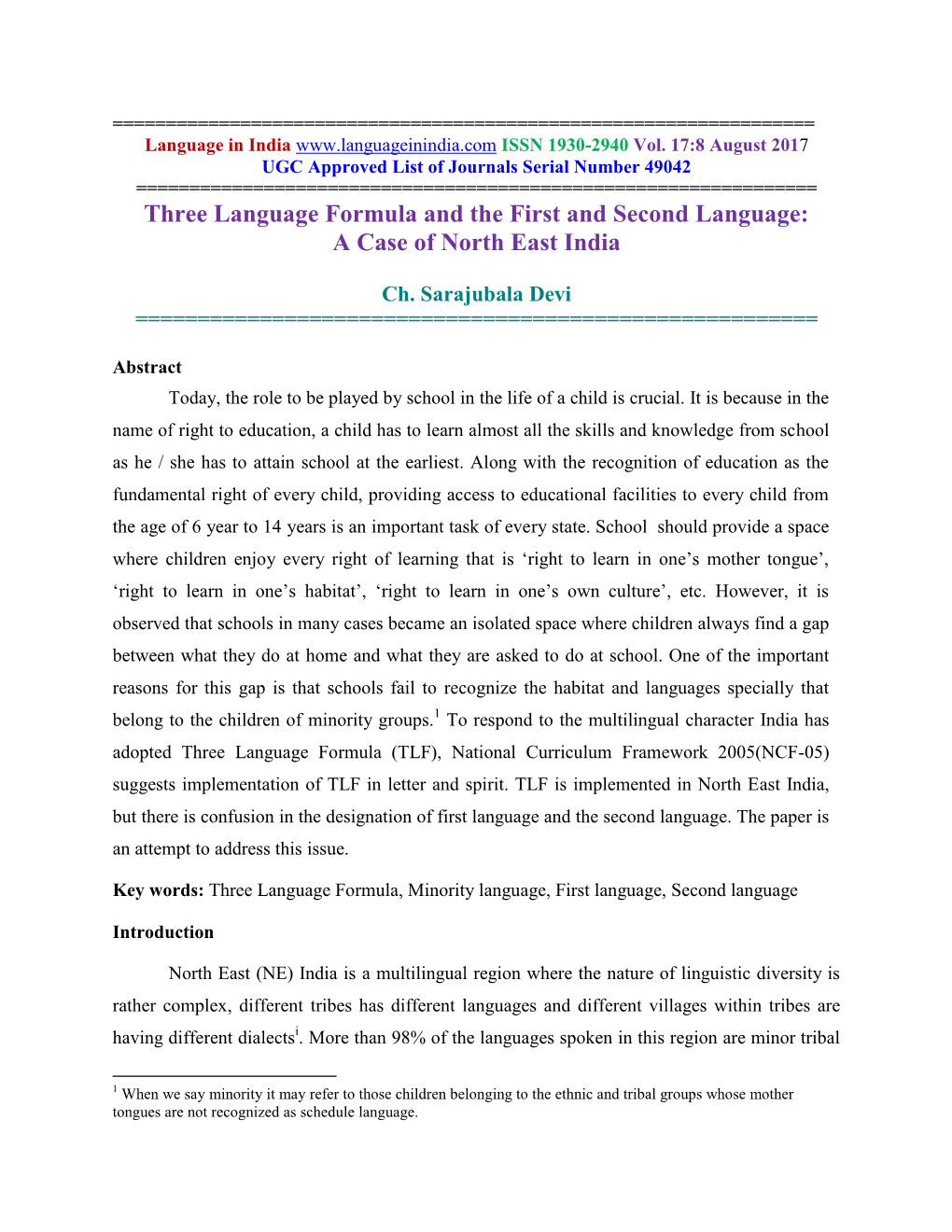 Three Language Formula and the First and Second Language: a Case of North East India