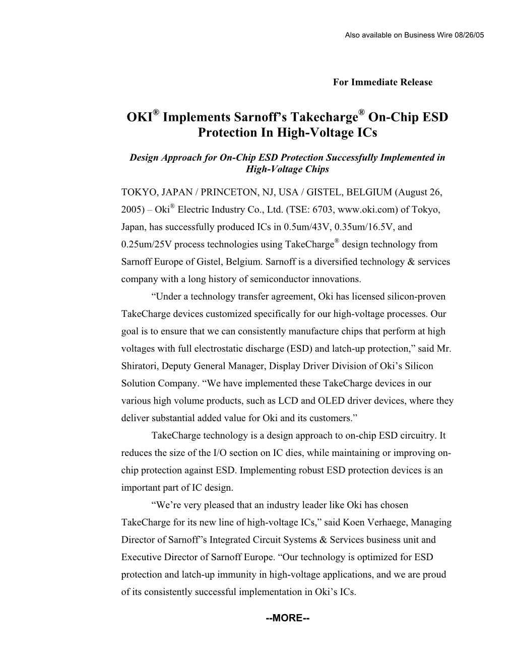 OKI Implements Sarnoff's Takecharge On-Chip ESD Protection in High