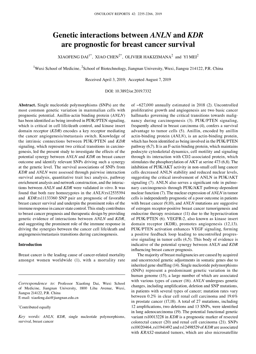 Genetic Interactions Between ANLN and KDR Are Prognostic for Breast Cancer Survival