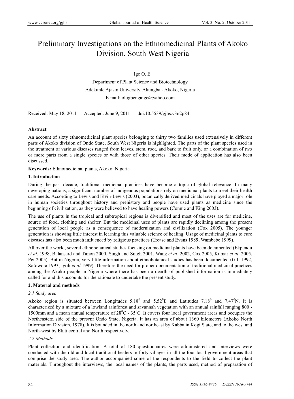 Preliminary Investigations on the Ethnomedicinal Plants of Akoko Division, South West Nigeria