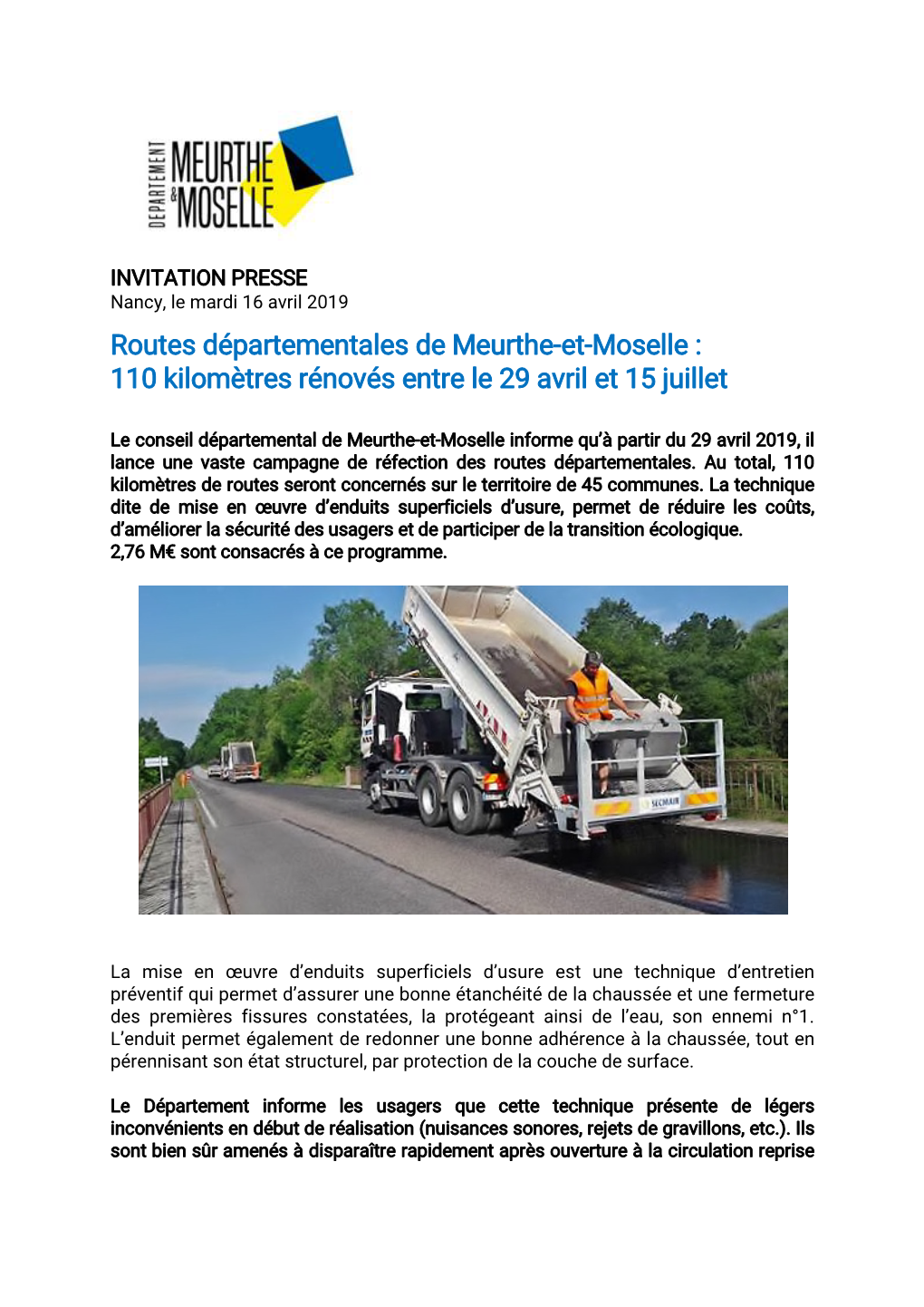 Routes Départementales De Meurthe-Et-Moselle : 110 Kilomètres Rénovés Entre Le 29 Avril Et 15 Juillet
