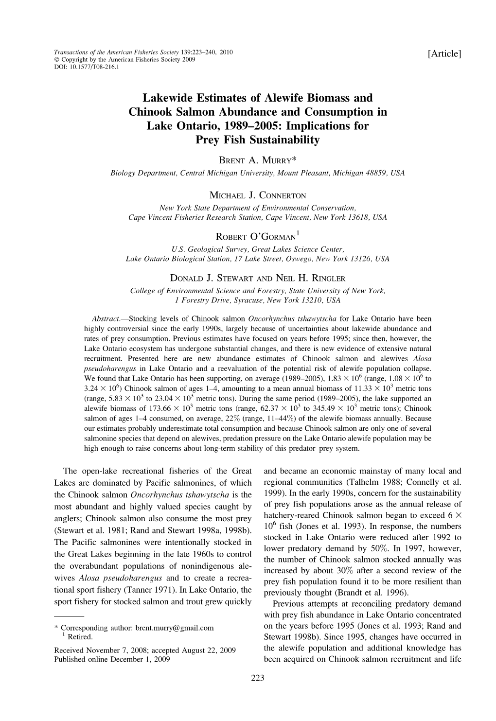 Lakewide Estimates of Alewife Biomass and Chinook Salmon Abundance and Consumption in Lake Ontario, 1989–2005: Implications for Prey Fish Sustainability