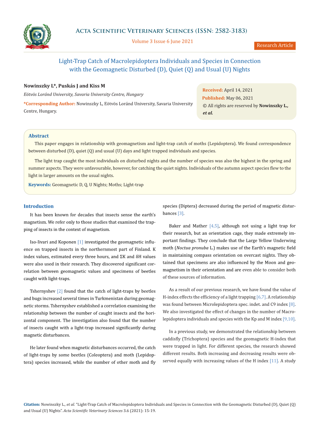 Light-Trap Catch of Macrolepidoptera Individuals and Species in Connection with the Geomagnetic Disturbed (D), Quiet (Q) and Usual (U) Nights