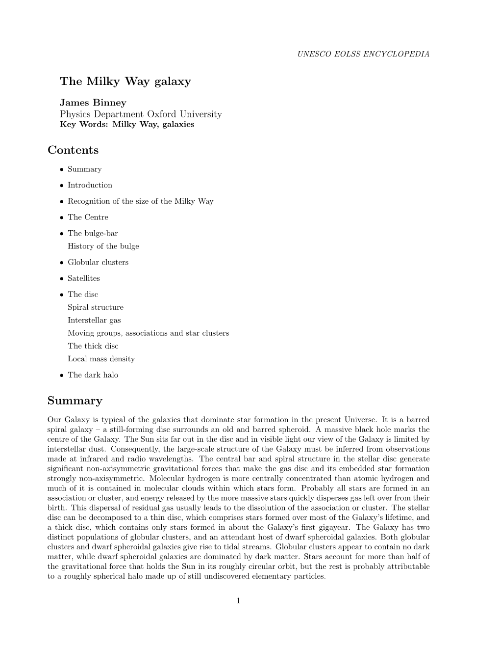 The Milky Way Galaxy Contents Summary