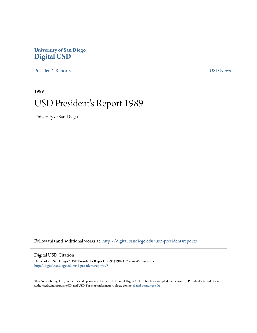 USD President's Report 1989 University of San Diego