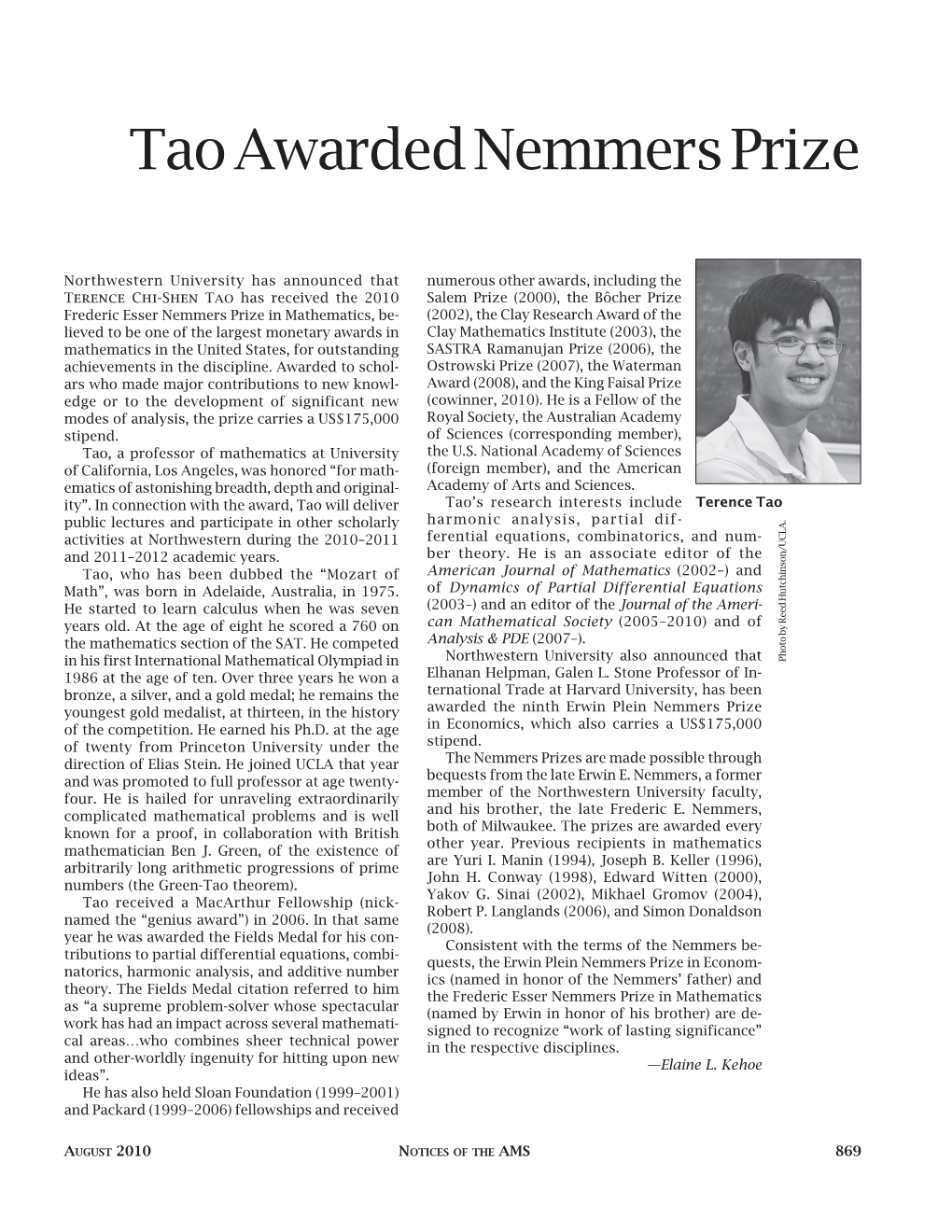 Tao Awarded Nemmers Prize