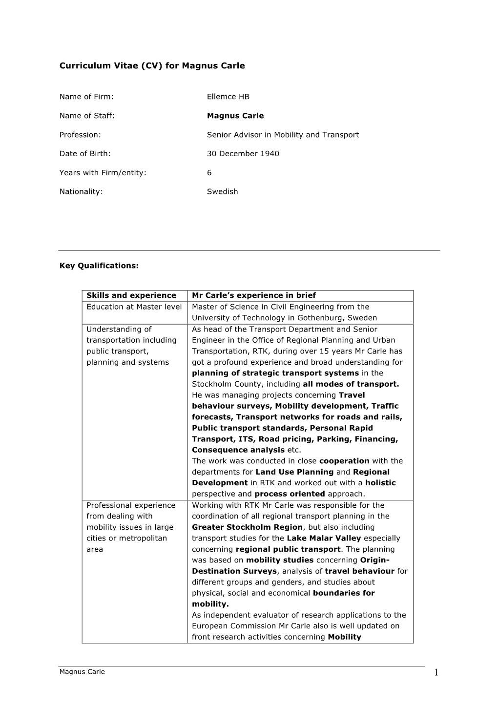 Curriculum Vitae (CV) for Magnus Carle