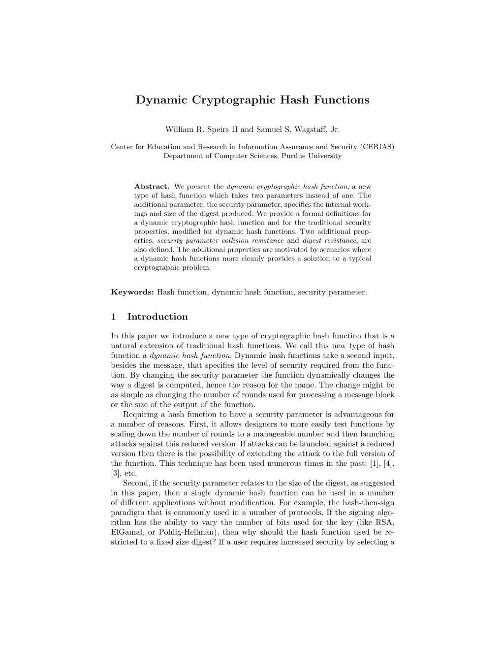 Dynamic Cryptographic Hash Functions