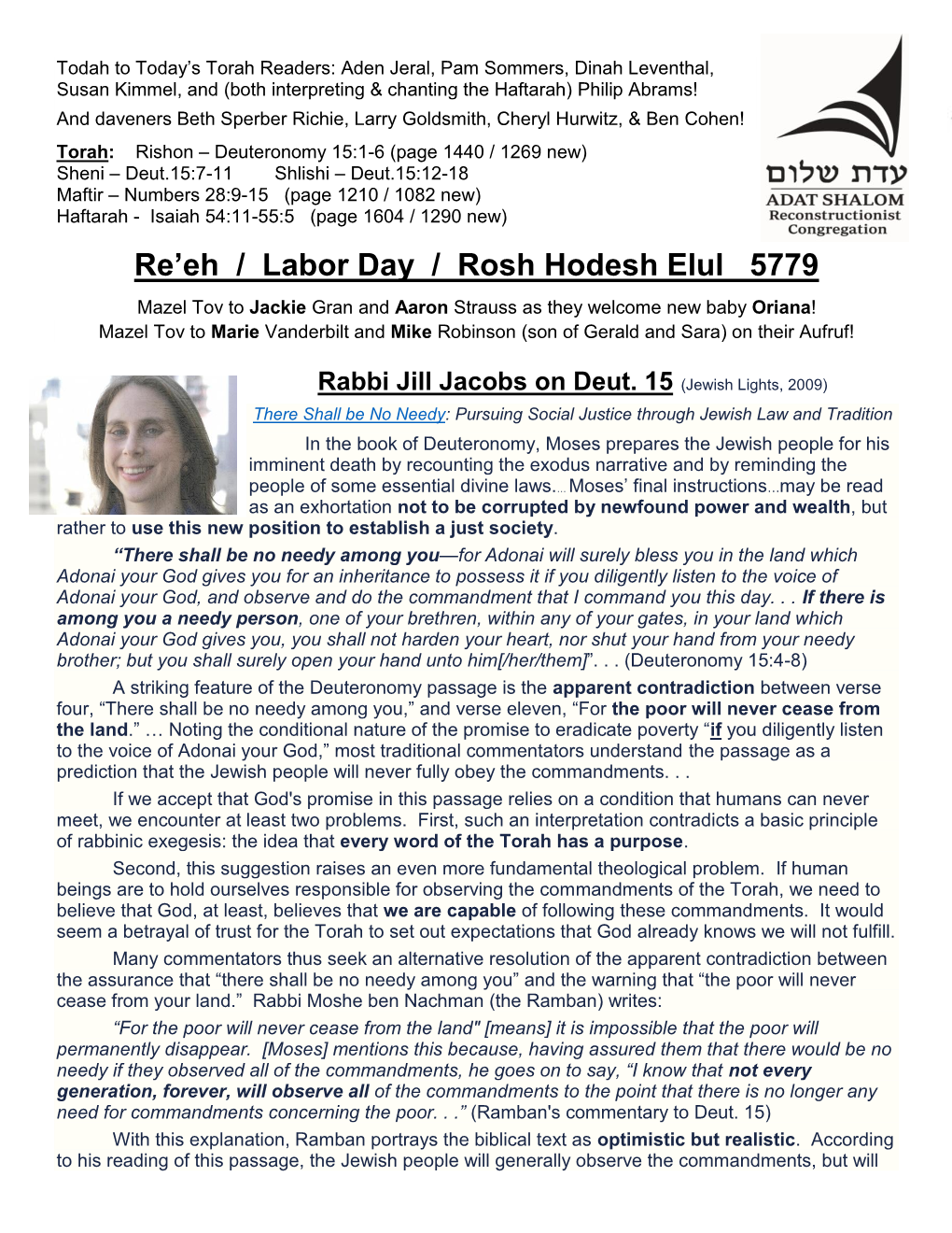 Re'eh / Labor Day / Rosh Hodesh Elul 5779