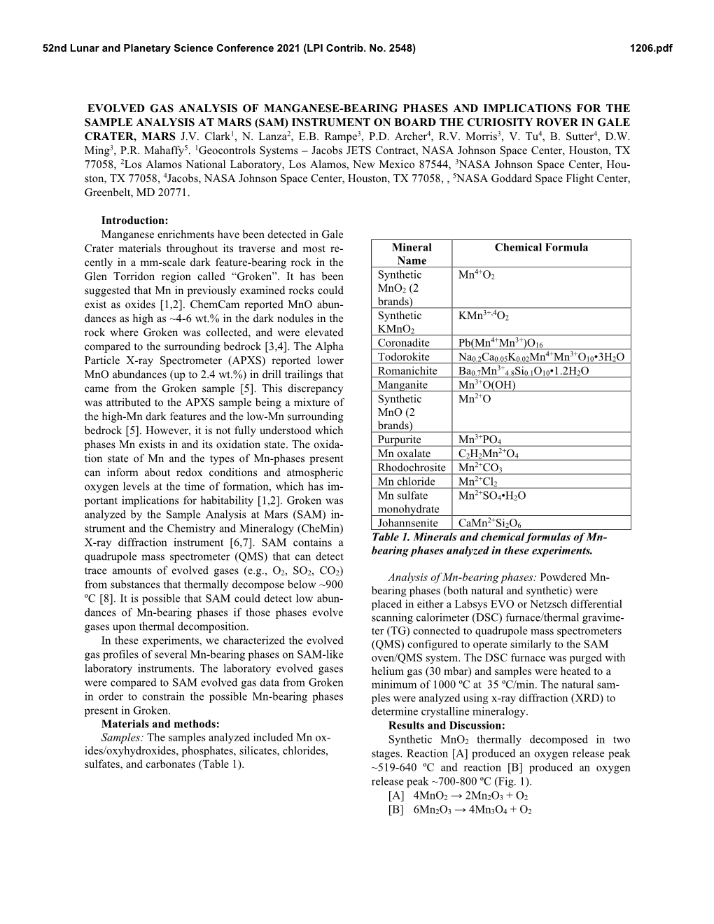 Evolved Gas Analysis of Manganese-Bearing Phases