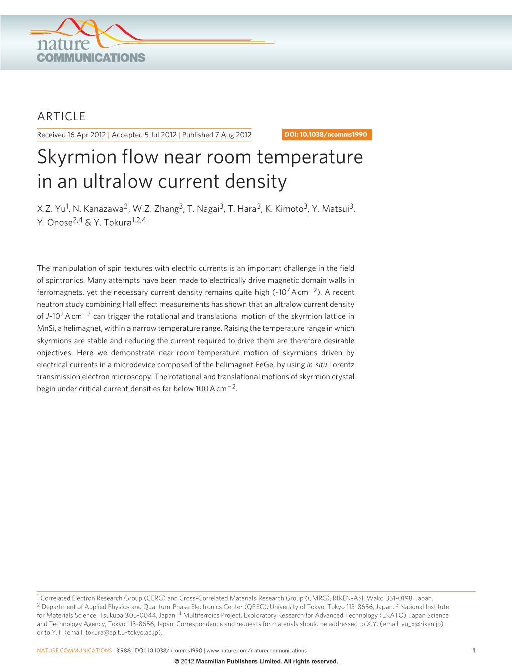 Skyrmion Flow Near Room Temperature in an Ultralow Current Density