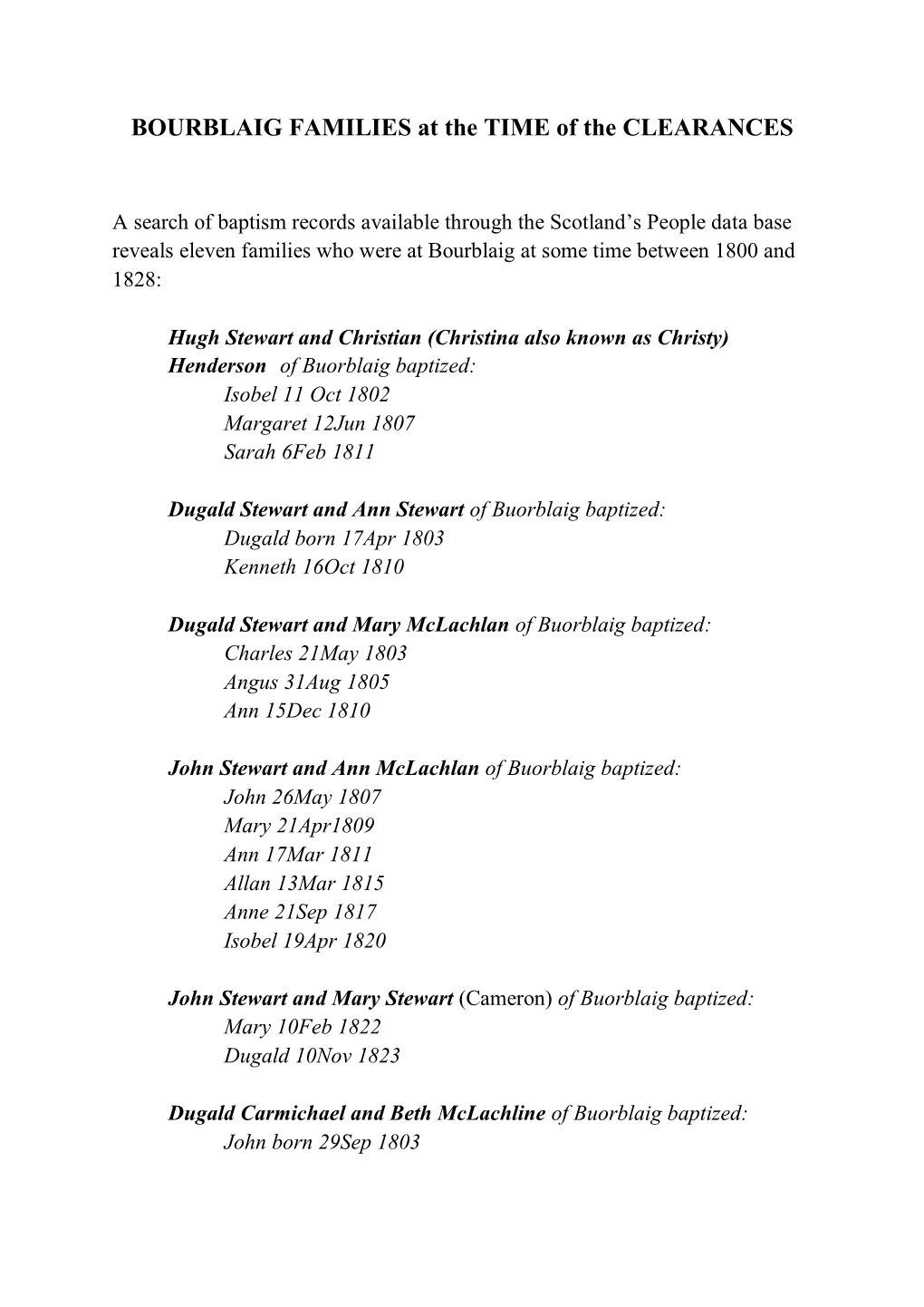 BOURBLAIG FAMILIES at the TIME of the CLEARANCES