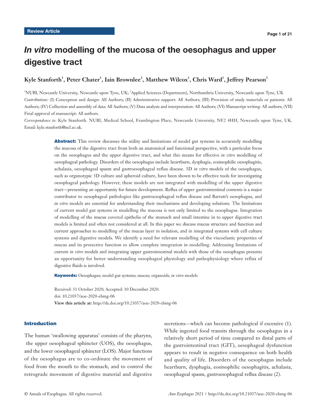 In Vitro Modelling of the Mucosa of the Oesophagus and Upper Digestive Tract