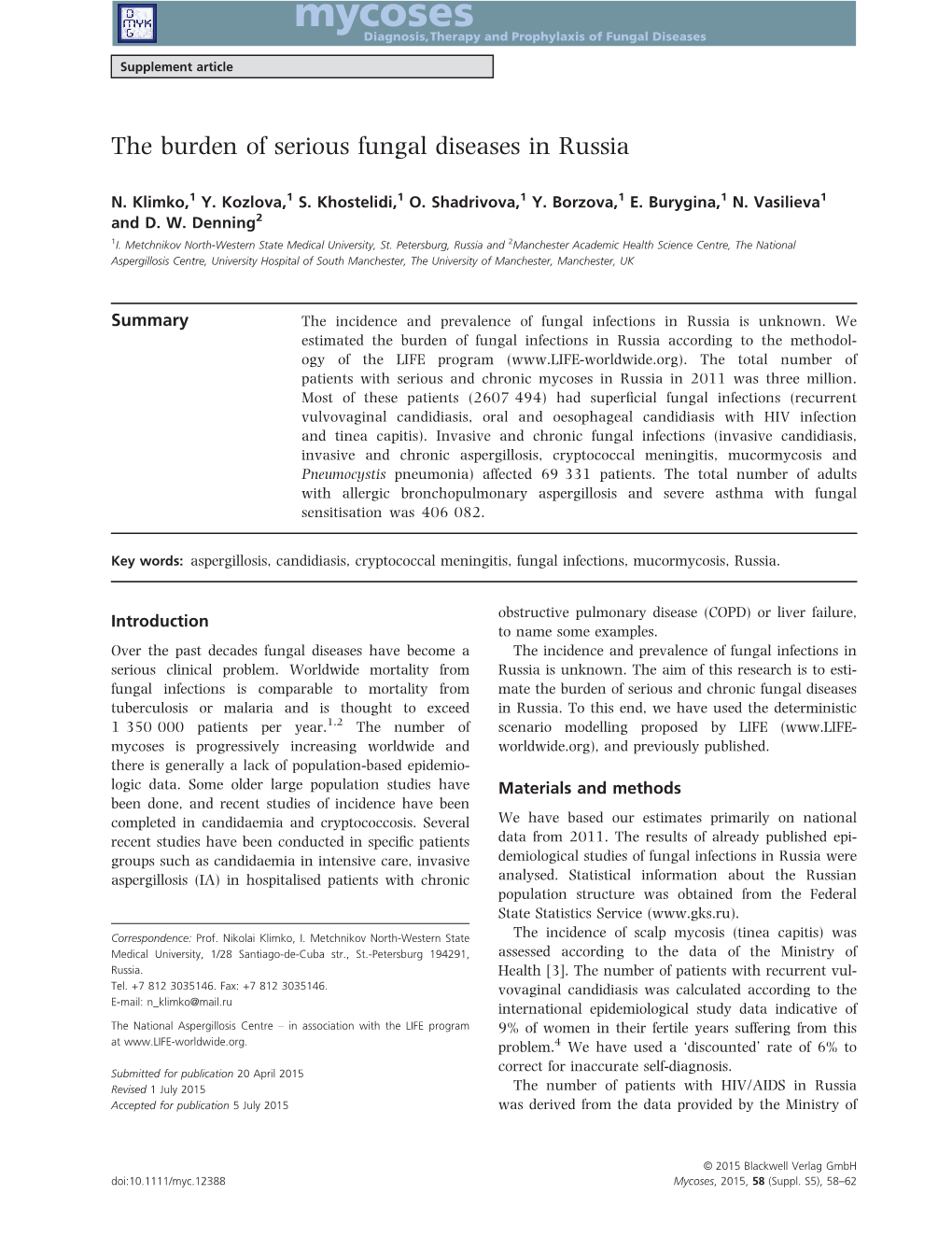 The Burden of Serious Fungal Diseases in Russia